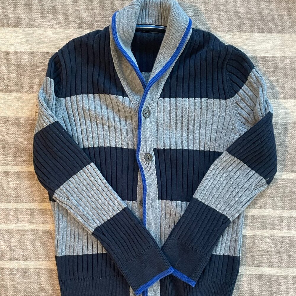 Banana Republic Men's Shawl Collar Stripe Cardigan in Navy and Gray